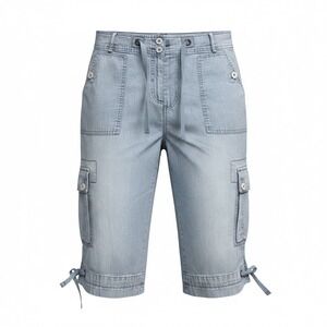 Westbound Petites Light Wash Denim Cargo Capri Shorts Womens 12P Drawstring Blue